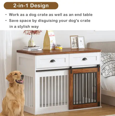 Heavy Duty Furniture Style Wooden Dog Crate With Sliding Door and Drawers