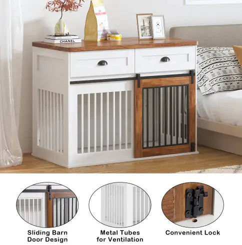 Heavy Duty Furniture Style Wooden Dog Crate With Sliding Door and Drawers