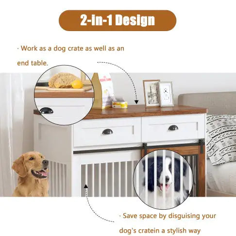 Heavy Duty Furniture Style Wooden Dog Crate With Sliding Door and Drawers