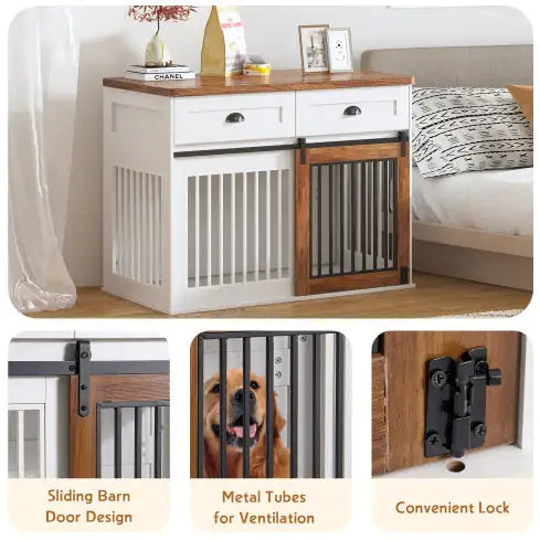 Heavy Duty Furniture Style Wooden Dog Crate With Sliding Door and Drawers