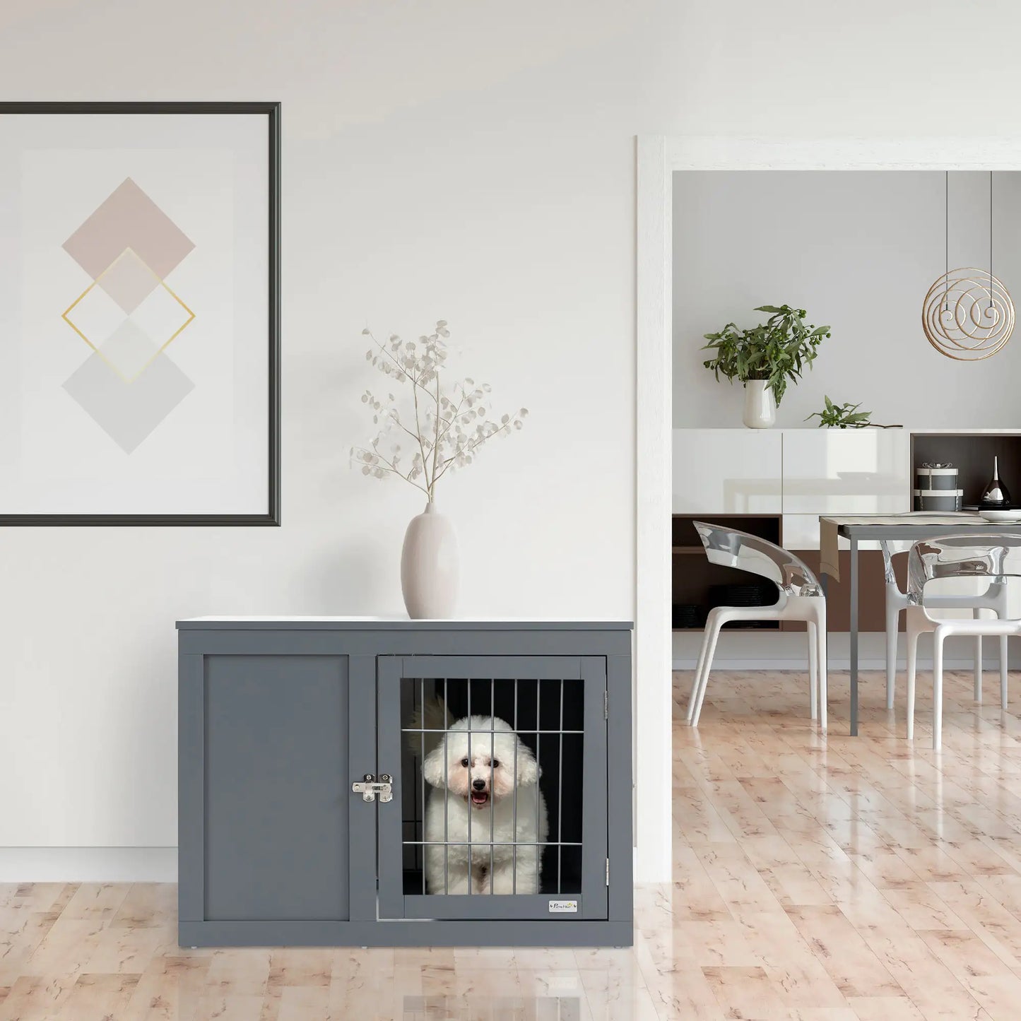 Dual-Use Grey Wood-Metal Pet Crate & End Table