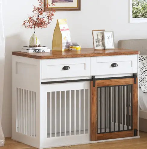 Heavy Duty Furniture Style Wooden Dog Crate With Sliding Door and Drawers